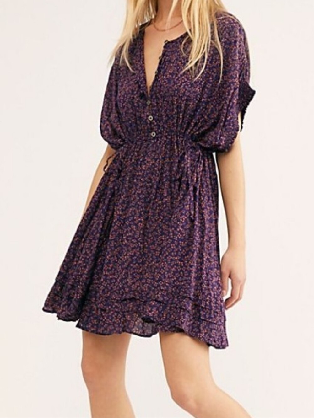 Free People One Fine Day Mini Dress Small Purple Floral Boho Drawstring Pockets